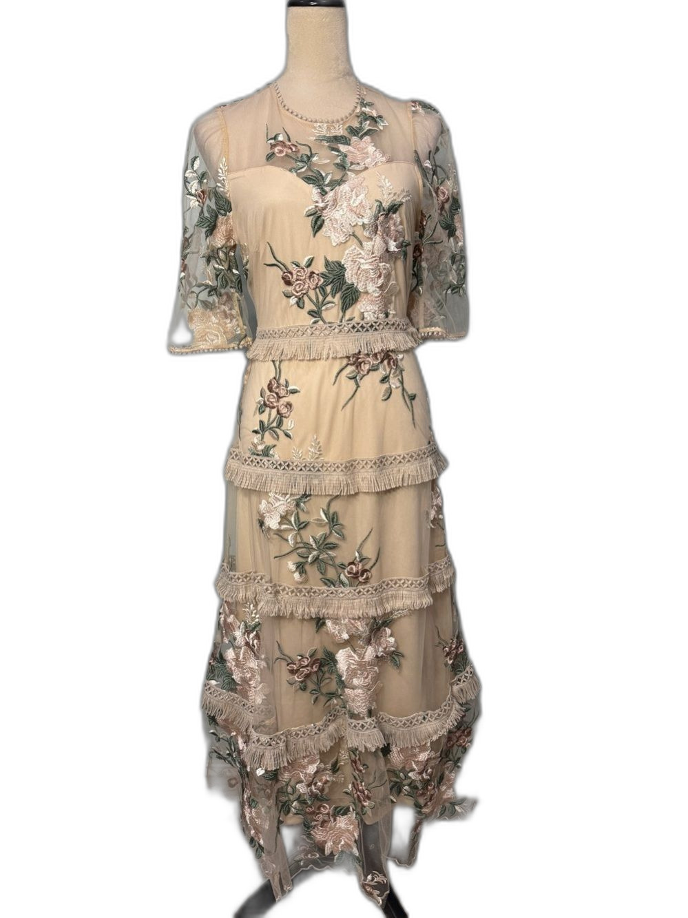 Just ME Embroidered Cream Tiered Lace Dress Size S - Picture 3 of 9